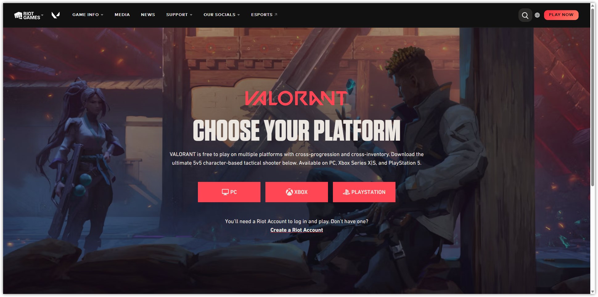 Riot Games website showing the Valorant download page with platform options for PC, Xbox, and PlayStation.