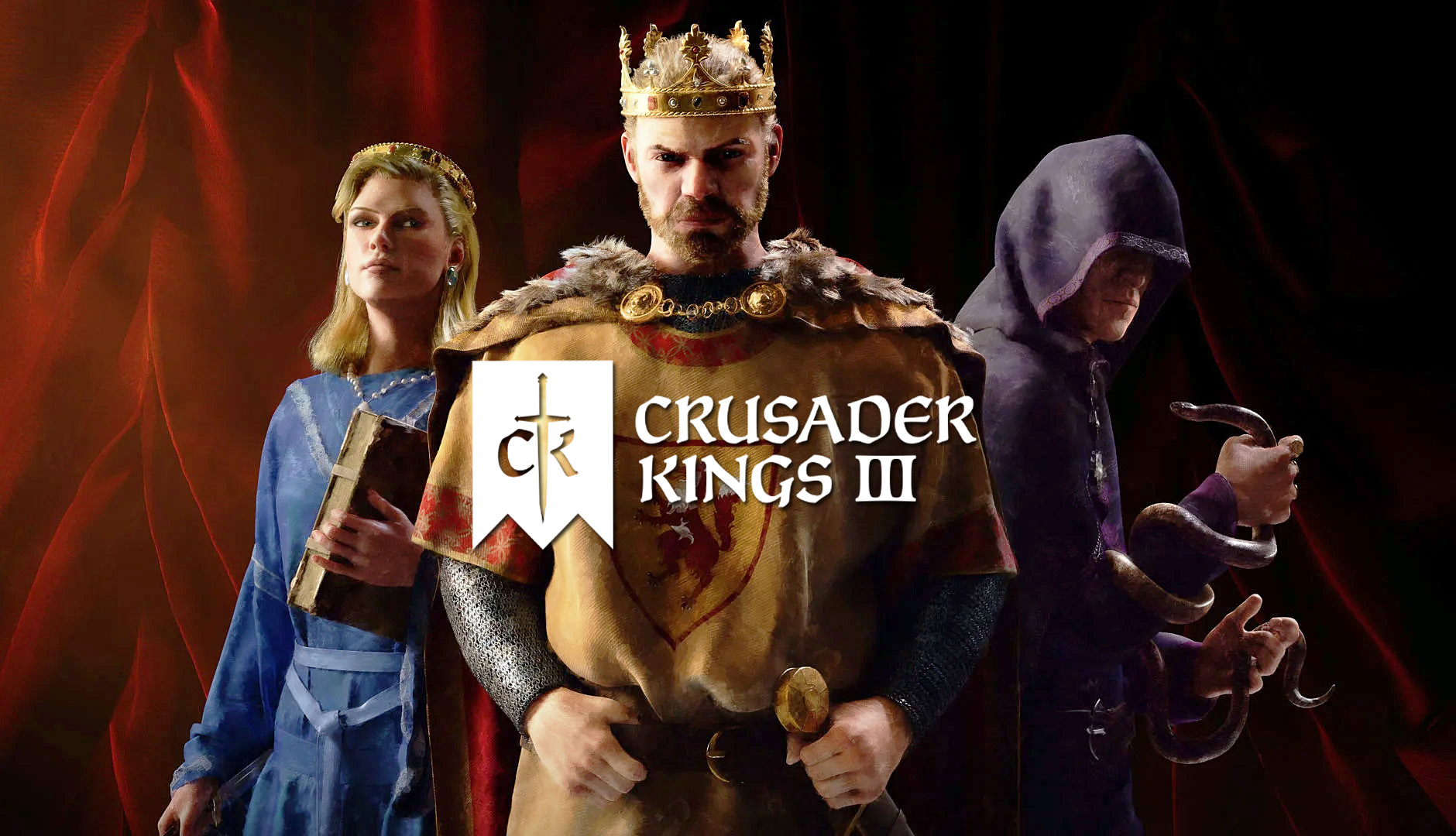 Crusader Kings 3 cover artwork featuring a king, queen, and advisor with the game logo