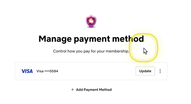 Netflix manage payment method page showing current Visa card and option to add or update payment method