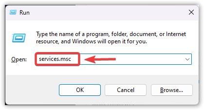 Run dialog with services.msc command entered