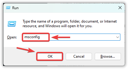 Run dialog with msconfig command entered