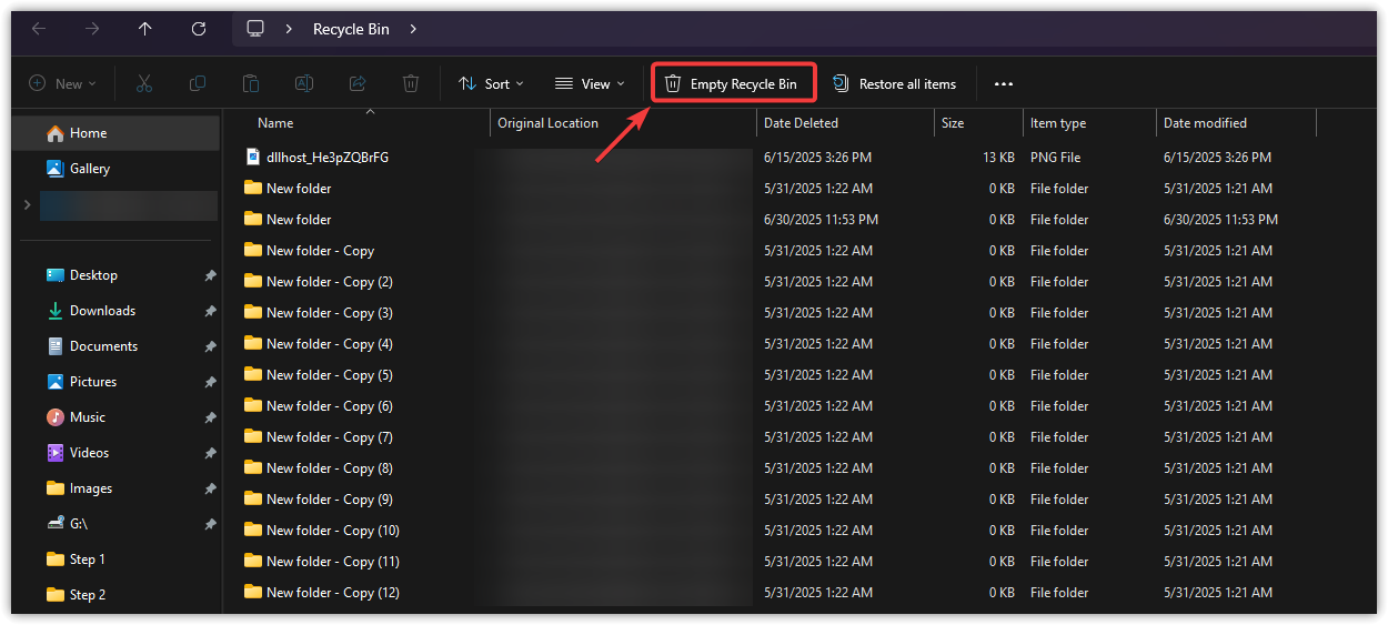 Recycle Bin emptied in Windows