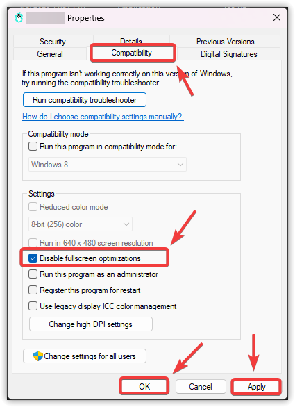 Windows Properties window showing the Compatibility tab with Disable fullscreen optimizations option checked