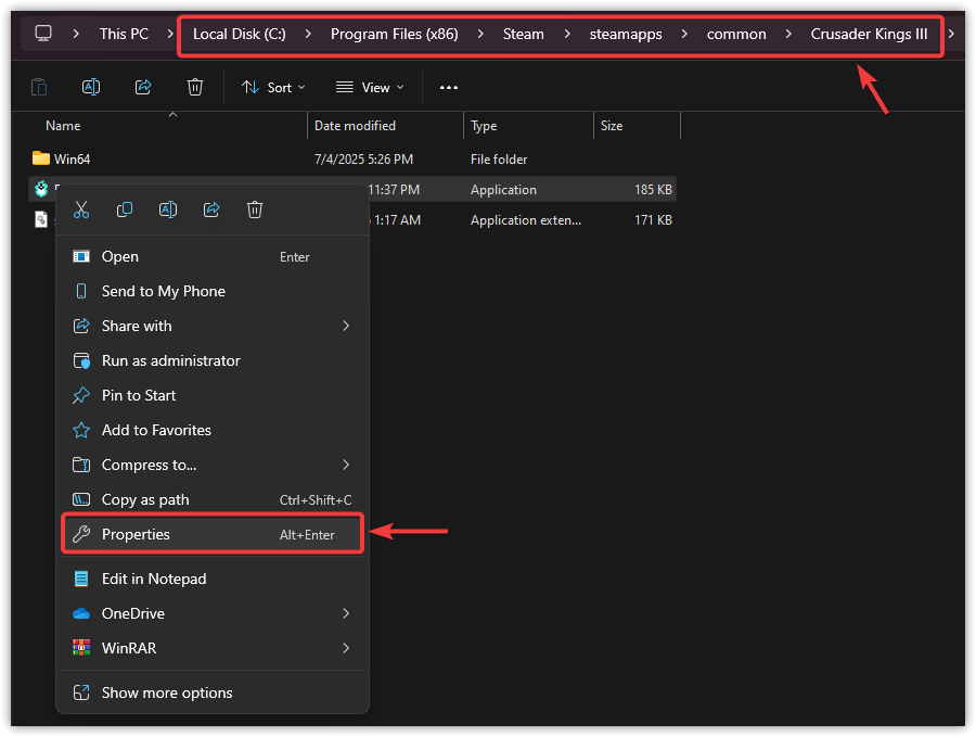 File Explorer showing Crusader Kings 3 installation folder with Properties option selected