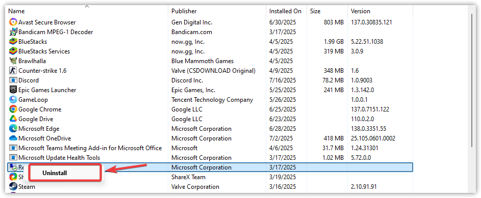 Programs and Features window in Windows showing Riot Vanguard selected with the Uninstall option highlighted.