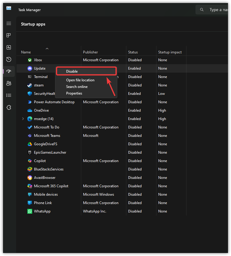 Disabling startup items in Task Manager